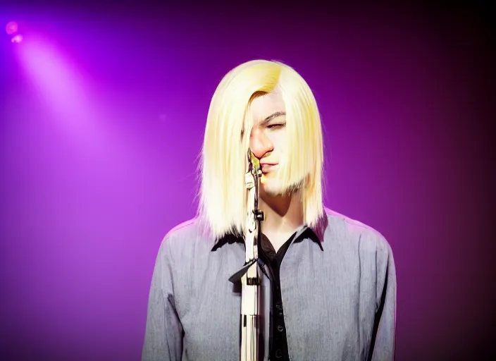 Prompt: waifish androgynous person with mid length blond hair on stage in front of an audience alien instruments zeiss lens masterpiece stage lighting photograph by torbjorn rodland high contrast rule of thirds 8 k