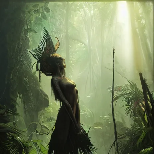 Image similar to a hyperrealistic illustration of a dark figure in a jungle, Jungle with fractal sunlight, award-winning, masterpiece, in the style of Tom Bagshaw, Cedric Peyravernay, Peter Mohrbacher