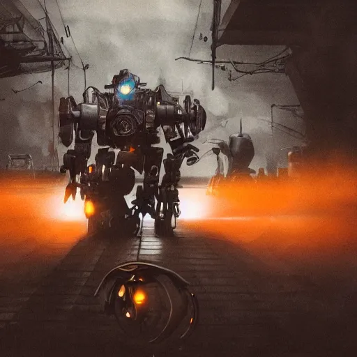 Image similar to bicycle mecha, dark messy smoke - filled cluttered workshop, dark, dramatic lighting, orange tint, cinematic, highly detailed, sci - fi, futuristic, movie still