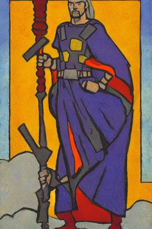 Image similar to thor with hammer, marvel, artwork by nicholas roerich,