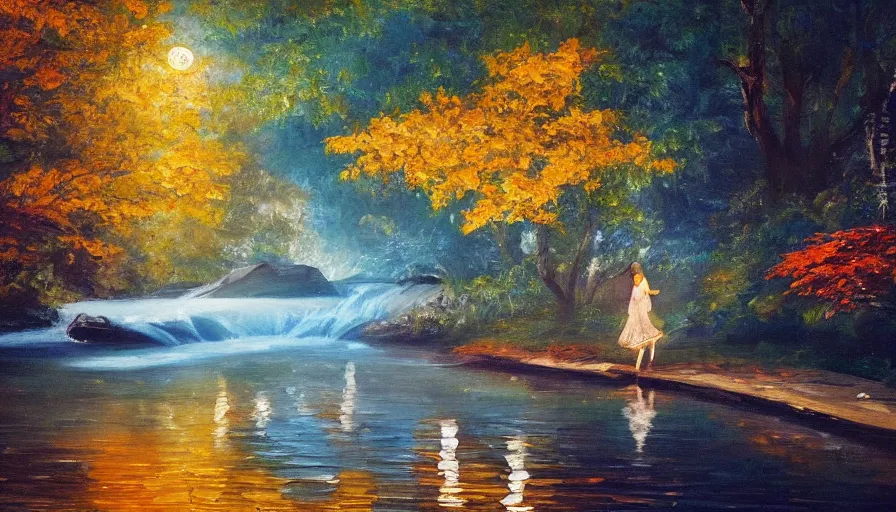 Image similar to an oil painting of a beautiful woman transforming into a peaceful river at night, it's autumn and a gentle breeze is moving leaves around, cinematic lighting, establishing shot, art station