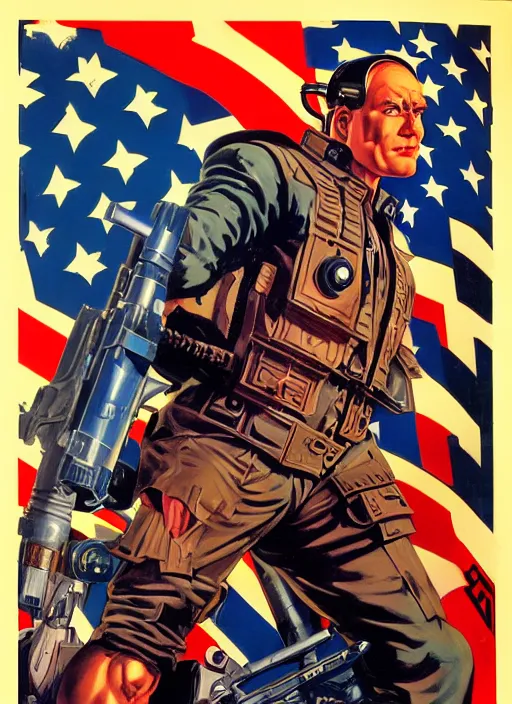 Image similar to american propaganda poster. cyberpunk heavy weapons guy. portrait by jean giraud and anton otto fischer and john philip falter and will eisner and gil elvgren