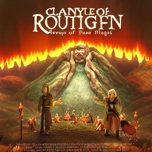 Prompt: claymation fellowship of the ring movie poster, highly detailed, tilt shift, incredibly detailed, hyperrealism, highly textured, award winning god rays