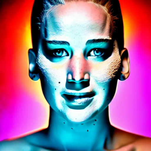 Prompt: smiling jennifer lawrence as the bride of frankenstein, macro photography, glowing retinas, fuscia cyan yellow white powder on face, national geographic