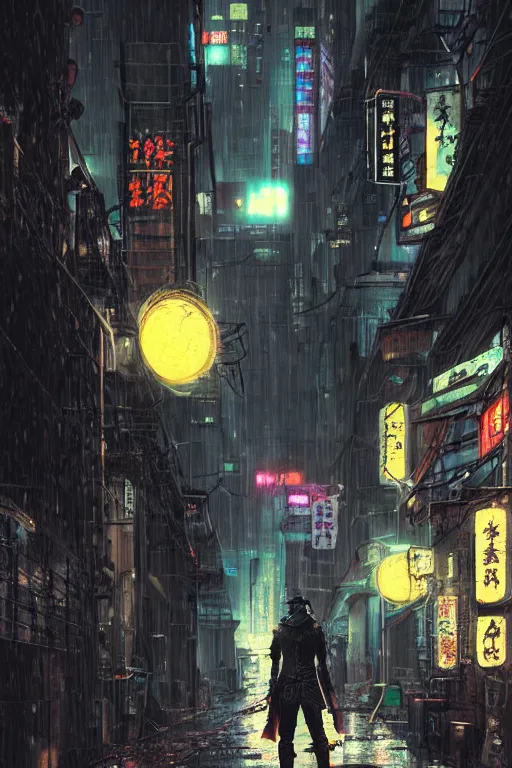 Prompt: a cyberpunk samurai in a raining cobblestone alleyway in tokyo, neon lights, full moon, fog cinematic greg rutkowski anime art jojo's bizarre adventure cowboy bebop