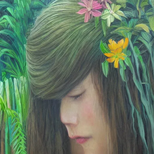 Image similar to a girl in a jungle smelling flowers, her hair flowing down, subtle, intricate details, real masterpiece, oil on canvas, by somsak anong