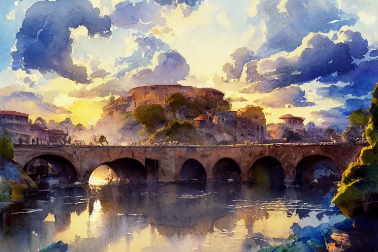 Prompt: small centered on watercolor paper, paint brush strokes, abstract watercolor painting of ancient roman bridge in bright daylight, tall clouds, cinematic light, national romanticism by hans dahl, by jesper ejsing, by anders zorn, by greg rutkowski, by greg manchess, by tyler edlin