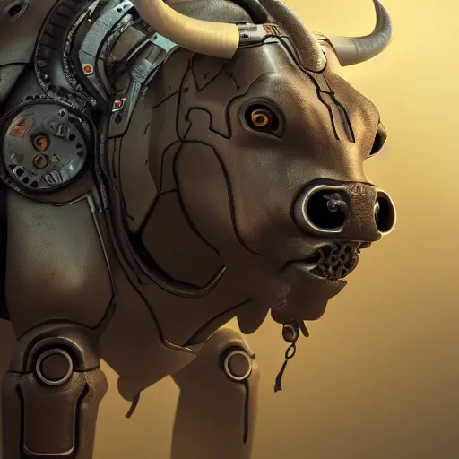 Prompt: a cyborg ( bull ) modeled after a bull looking into the camera, android, cyborg, half body, intricate, 3 d, hyper realism, fantasy, depth of field, octane render, symmetrical, highly detailed, digital art, artstation, concept art, cinematic lighting, trending