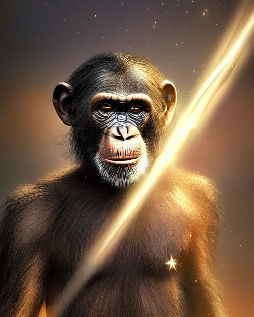 Prompt: very detailed high resolution illustration of a chimpanzee wearing fantasy armor, backlit, stars, night, surrounded, 3 d, 8 k, extremely detailed, artstation, award winning