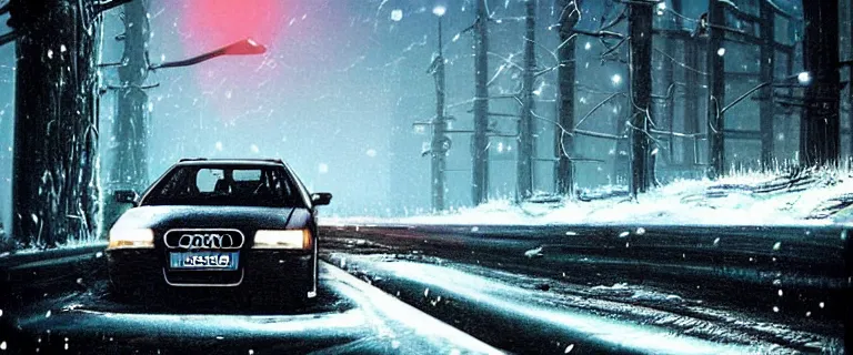 Prompt: Audi A4 B6 Avant (2002), a gritty neo-noir, Robot horror, dramatic bright lighting, cinematic, establishing shot, extremely high detail, photorealistic, cinematic lighting, artstation, by simon stalenhag, Snowy italian road, Snowy Apennines, At night, Poets of the Fall - Late Goodbye