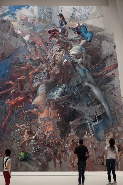 Image similar to Oil painting of people looking at a large graffiti painting in a contemporary museum, intricate, highly detailed, smooth, artstation, painting by moebius and james jean and Artgerm and yoshitaka Amano and Greg Rutkowski and Zdislav Beksinski