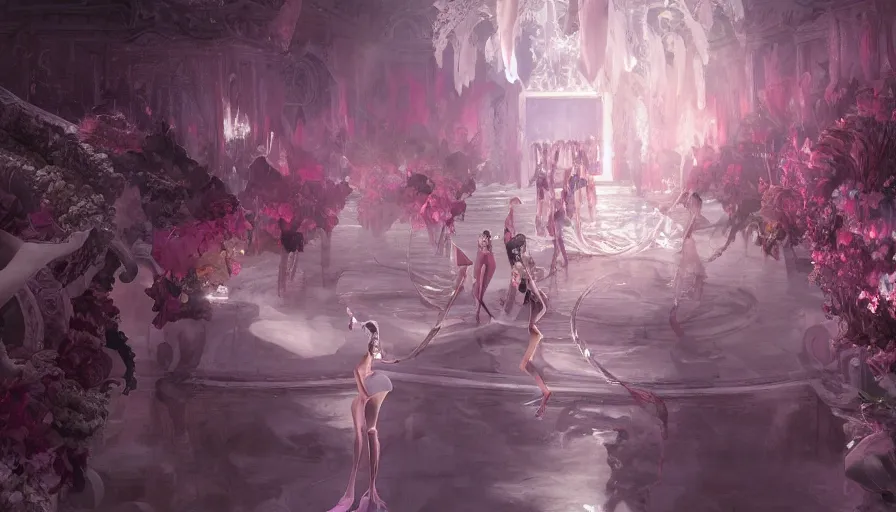 Image similar to victoria secret runway show, light, shadows, reflections, flowers, epic composition, intricate, elegant, volumetric lighting, digital painting, highly detailed, artstation, sharp focus, illustration, concept art, ruan jia, james jean, steve mccurry, raymond swanland, peter andrew jones, greg rutkowski, concept art, iconic