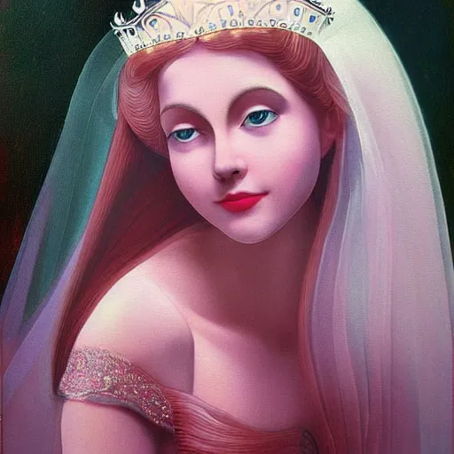 Prompt: A painting, beauty & mystery of Princess Aurora. Enigmatic smile and gaze invite us into her world, and we cannot help but be drawn in. Soft features & delicate way she is dressed make her almost ethereal. Landscape distance and mystery. What secrets Princess Aurora holds. Hadean by Gordon Parks, by Ed Emshwiller