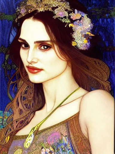 Image similar to a beautiful painting of natalie portman by Alphonse Mucha and by yoshitaka Amano and by Mark Brooks and by gustav klimt and by john william waterhouse, Art Nouveau, Neo-Gothic, gothic, award winning painting, hyperdetailed, detailed