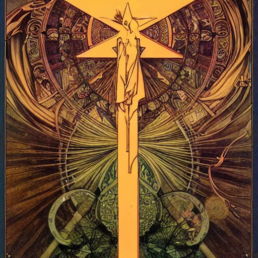 Image similar to a spiritual cross on top of a holy mountain, holy geometry, Mucha, Moebius, Mohrbacher