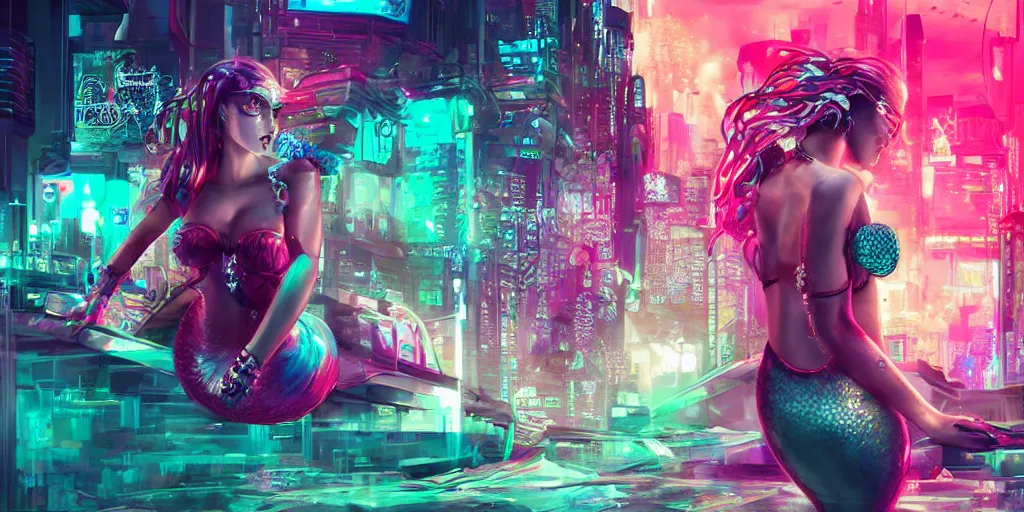 Prompt: Mermaid in cyberpunk, style hiphop art 4k