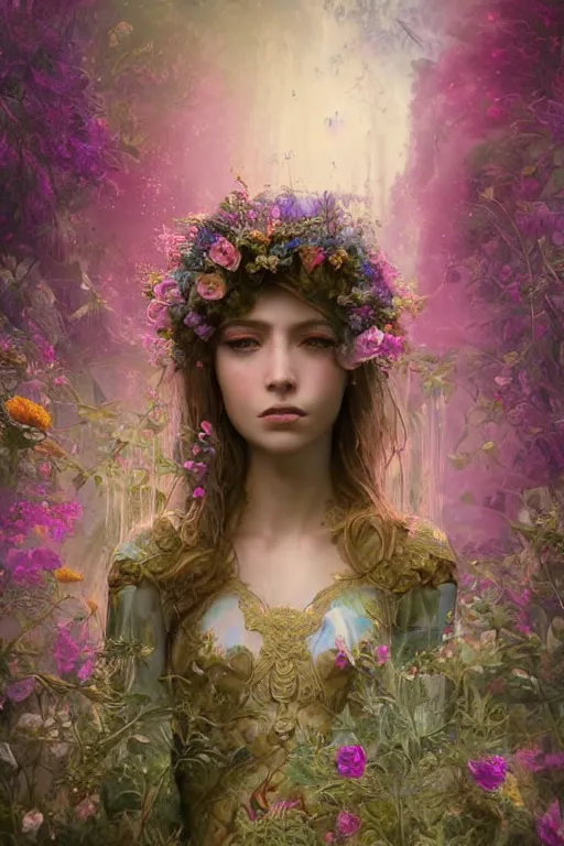 Image similar to elaborately detailed close up portrait of an extremely beautiful girl surrounded by flowers, an eerie mist and ethereal rainbow bubbles, Aetherpunk, high fantasy matte painting, fantasy matte painting movie poster, Art Nouveau, smooth, sharp focus, atmospheric lighting, highly detailed illustration highlights, backlight, golden ratio, 8K detail post-processing, symmetrical facial features, rich deep moody colors, majestic, dark epic fantasy, award winning picture, sense of awe, featured on DeviantArt, trending on cgsociety