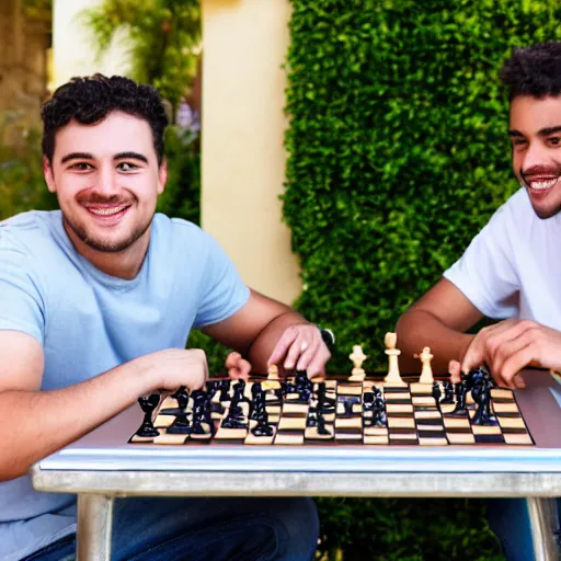 Prompt: two young guys are sitting at a table, playing chess. One is wearing a yellow tanktop and is smiling. The other has a white shirt and looks angry. The sky is blue with a Mediterranean background. Foto. Detailed faces. Detailed hands.