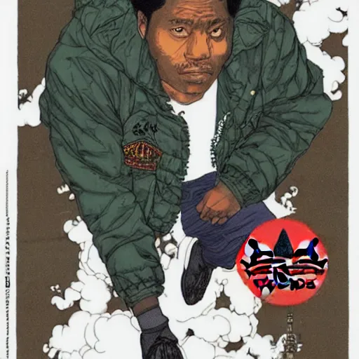 Image similar to illustration by katsuhiro otomo, black man with afro hair, stubble, wearing an adidas army green jacket, in the streets of tokyo, akira style, by katsuhiro otomo