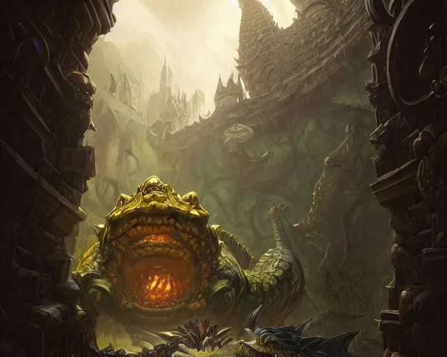 Image similar to crocodile god lair, deep focus, d & d, fantasy, intricate, elegant, highly detailed, digital painting, artstation, concept art, matte, sharp focus, illustration, hearthstone, art by artgerm and greg rutkowski and alphonse mucha