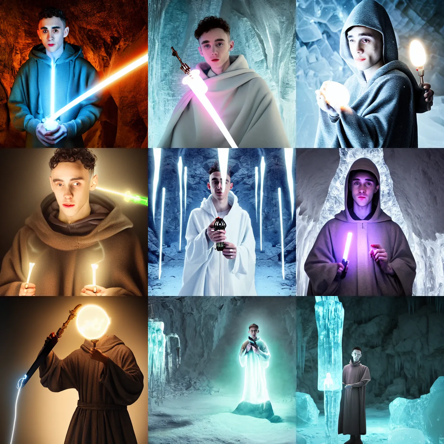 Prompt: Olly Alexander wearing hooded monk robes, holding a small glowing magical wand with electrical bolts emitting from it. In a cave made of ice. Trending on Artstation, octane render, ultra detailed, art by Ross tran