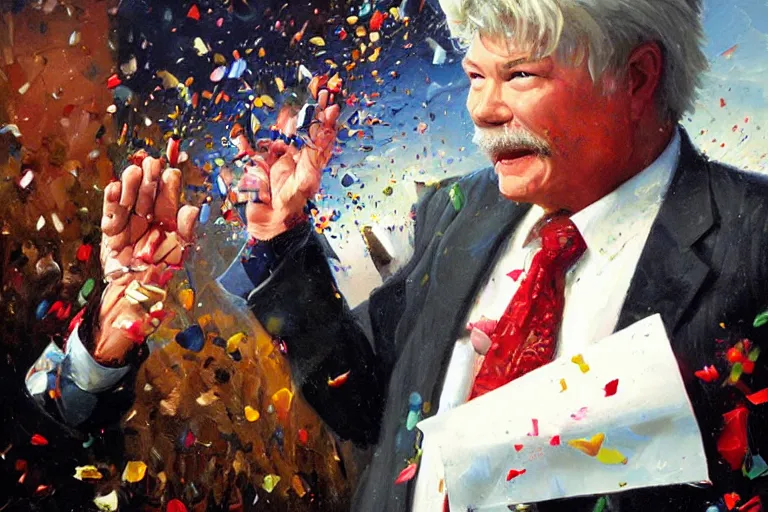 Image similar to portrait of rip taylor throwing confetti during a funeral service, an oil painting by ross tran and thomas kincade