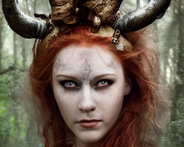 Image similar to 5 5 mm portrait photo of an armored gorgeous anesthetic redhead woman warrior with a face tattoo and sheep horns growing from her head, in a magical forest in the style of stefan kostic, art by luis royo. highly detailed 8 k. intricate. lifelike. soft light. nikon d 8 5 0. cinematic post - processing