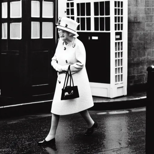 Image similar to 35mm Photograph of Queen Elizabeth II stepping out of the Tardis on a dark rainy London street