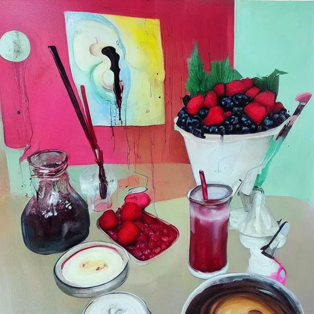 Image similar to “ sensual, neo - expressionism, surrealism, a portrait in a female art student ’ s apartment, pancakes, iced latte, berries, art supplies, a candle dripping white wax, berry juice drips, acrylic and spray paint and oilstick on canvas ”