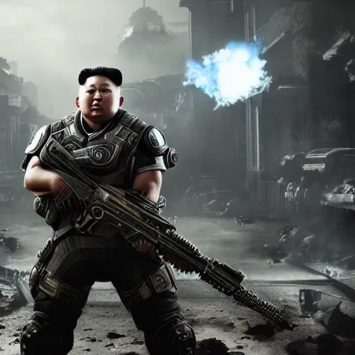 Image similar to kim - jong un in gears of war, splash art, movie still, detailed face, cinematic lighting, dramatic, octane render, long lens, shallow depth of field, bokeh, anamorphic lens flare, 8 k, hyper detailed, 3 5 mm film grain