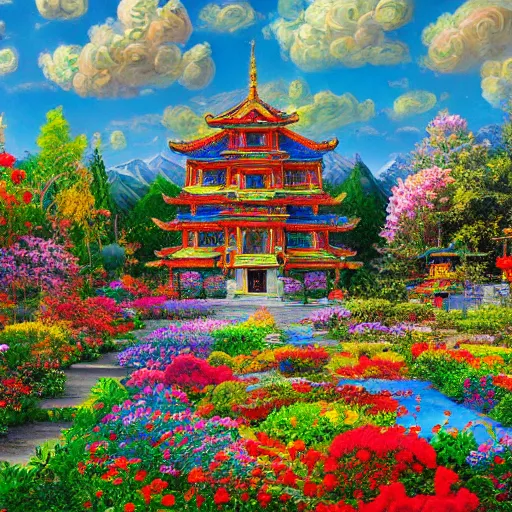 Prompt: a beautiful landscape of a temple with a garden of colorful flowers by Aleksandr Korol. Hyperdetailed