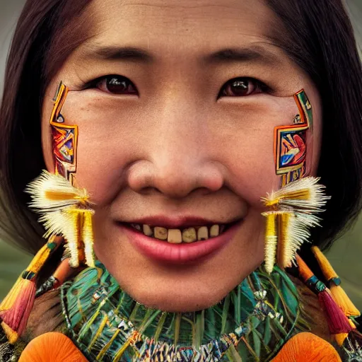 Image similar to vintage portrait of a stunningly beautiful asian tribal female smiling, depth of field, zeiss lens, detailed, symmetrical, centered, fashion photoshoot, by edward s curtis, Annie Leibovitz and Steve McCurry, David Lazar, Jimmy Nelsson, Breathtaking, 8k resolution, extremely detailed, beautiful, establishing shot, artistic, hyperrealistic, beautiful face, octane render