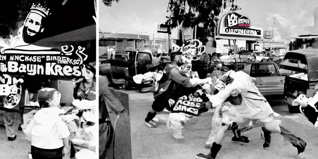 Prompt: rare photograph of the famous burger king versus mcdonalds war from the 2000s