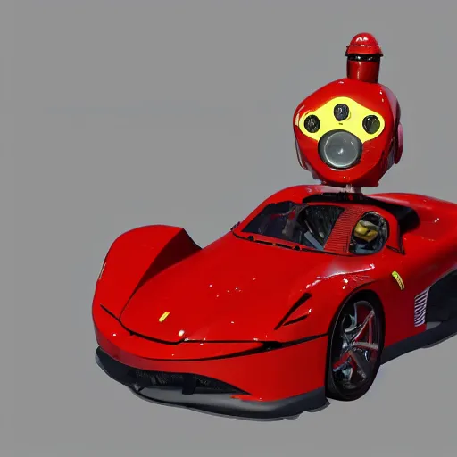 Image similar to a red robot with big tires on it's shoulders, big hands, Ferrari logo on it's chest, wearing a round helmet | unreal engine | hd | 3D model