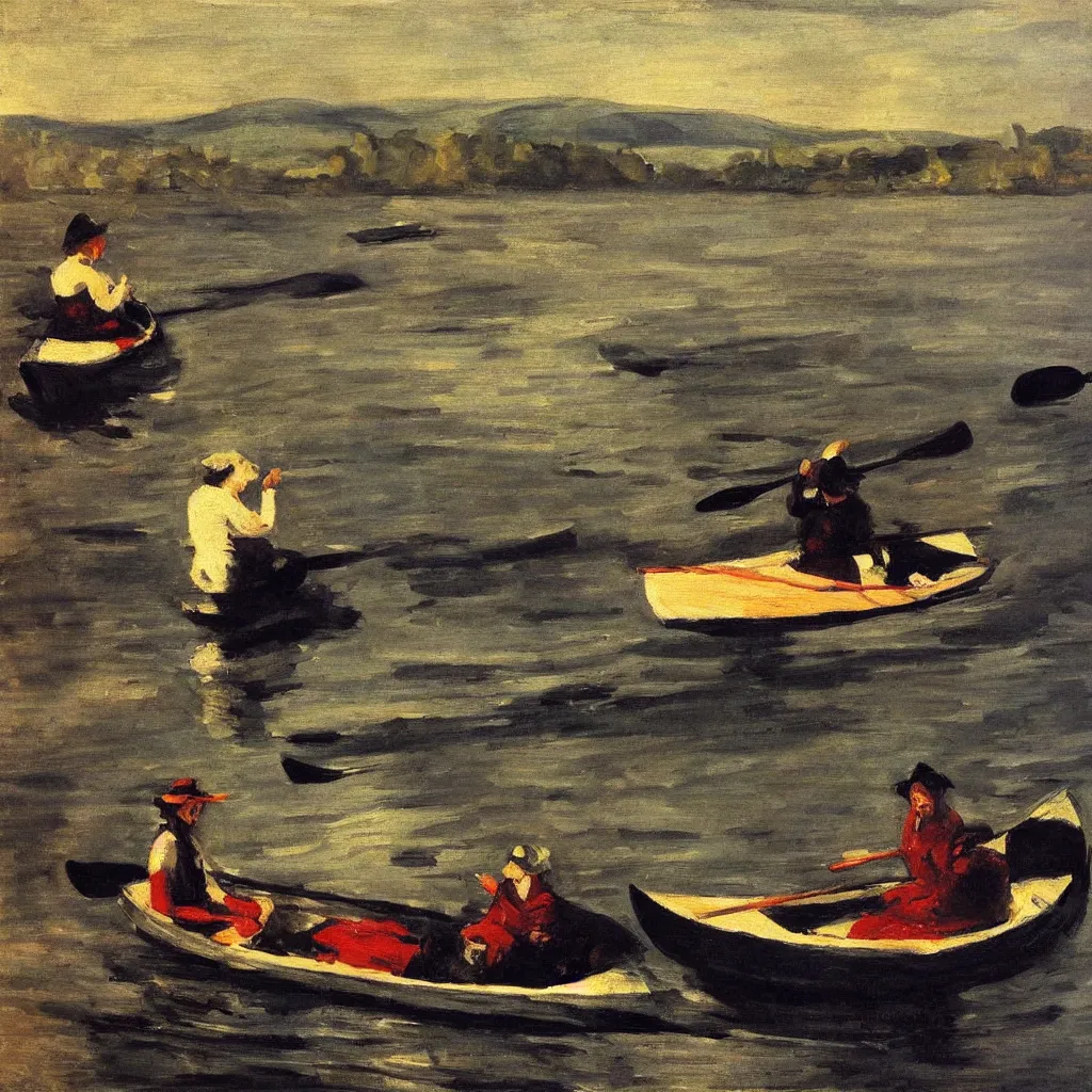 Prompt: beautiful woman standing in canoe on the hudson river, oil painting, style of george bellows