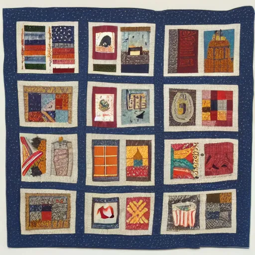 Image similar to folk art quilt showing a twitter argument, museum of modern art, new york