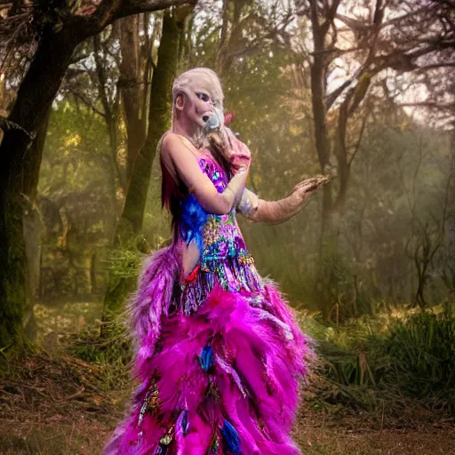 Prompt: Queen of the fae wearing a sleeveless feathered gown, holding court, intricate, colorful, 4k