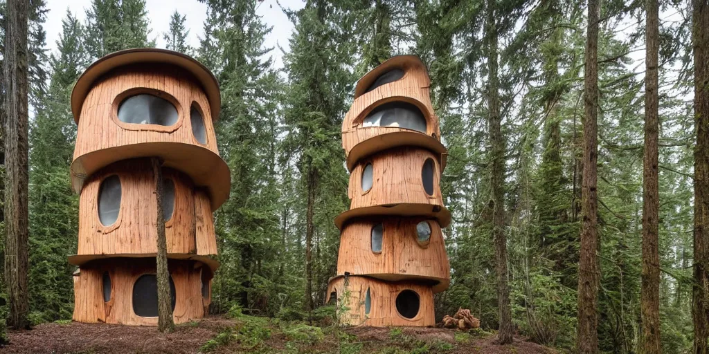 Prompt: tall tower residence made from enormous mushrooms, pacific northwest, round doors