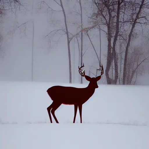 Prompt: deep rich red silhouette of a deer with white glowing magic in the air around him