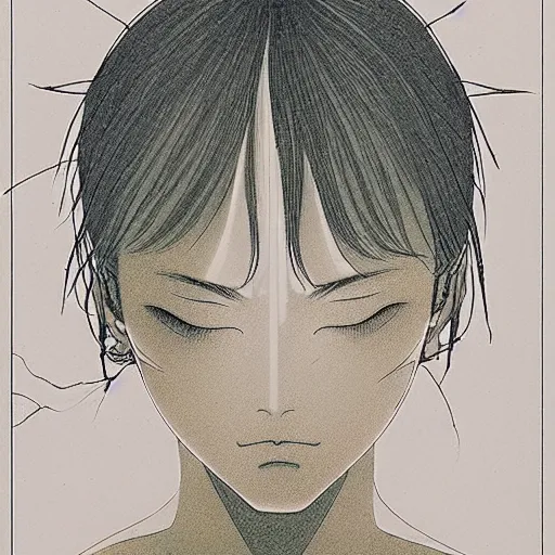 Image similar to prompt: Fragile looking soft light portrait face drawn by Takato Yamamoto and Katsuhiro Otomo, inspired by Ghost in Shell anime, magical and alchemical objects on the side, soft light, intricate detail, intricate ink painting detail, sharp high detail, manga and anime 2000