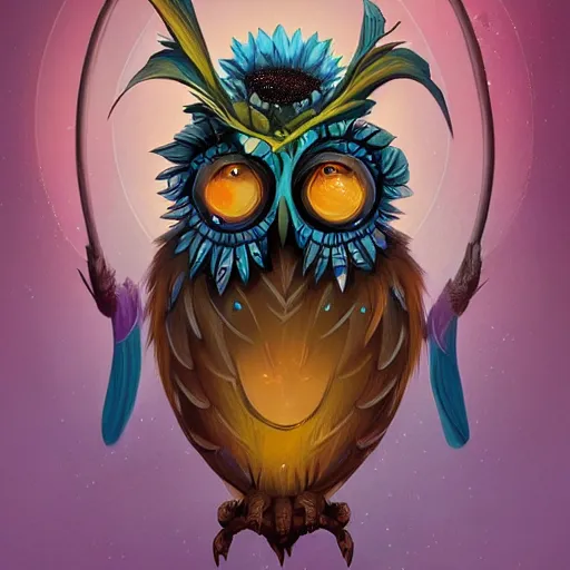 Prompt: beautiful peter mohrbacher illustration of a sunflower owl. 4k hq trending on artstation