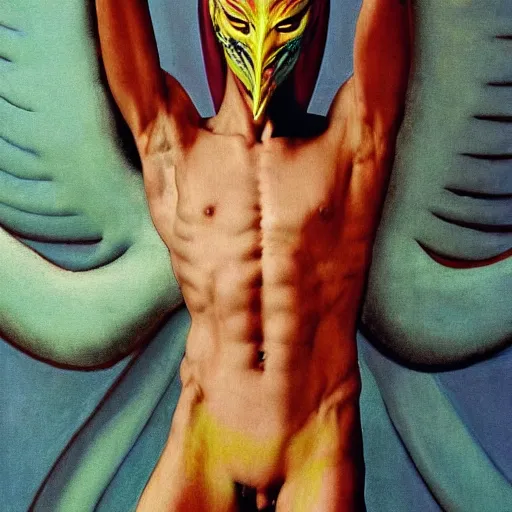 Prompt: an slim athletic beautiful male alien with ombre colored skin wearing a phoenix mask, painted by michelangelo for vogue magazine