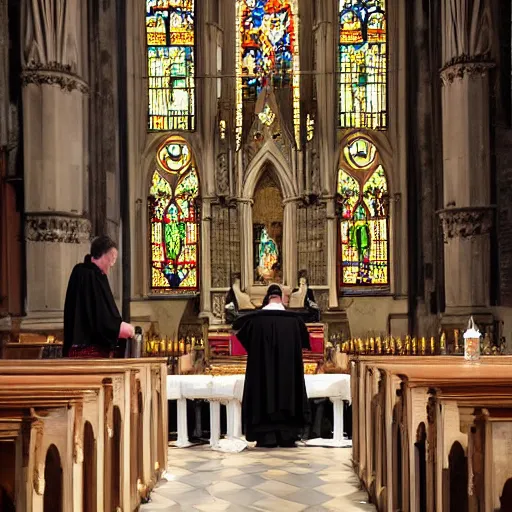 Prompt: solemn catholic latin mass in a gothic church with priest wearing gothic vestments