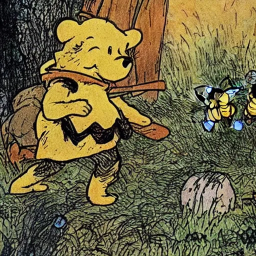 Image similar to Winnie The Poo is being killed by many bee stings in the style of E. H. Shepard