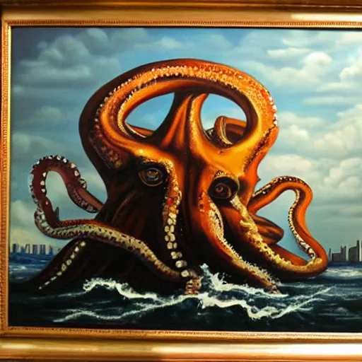 Image similar to oil painting of giant octopus ravaging metropolis