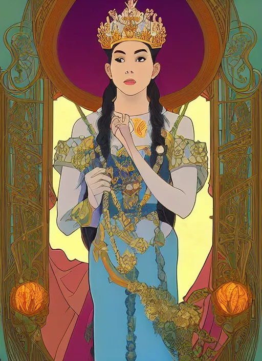 Image similar to well - lit art nouveau portrait of queen sirikrit of thailand, natural lighting, path traced, highly detailed, high quality, cartoon, digital painting, by don bluth and ross tran and studio ghibli and alphonse mucha