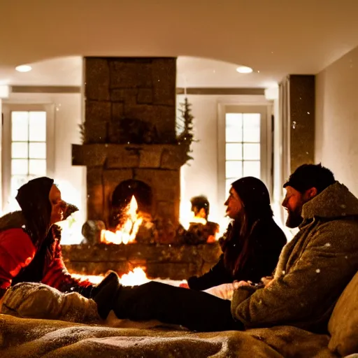 Prompt: them huddled by the fireplace at night after making snow angels in the fresh snow