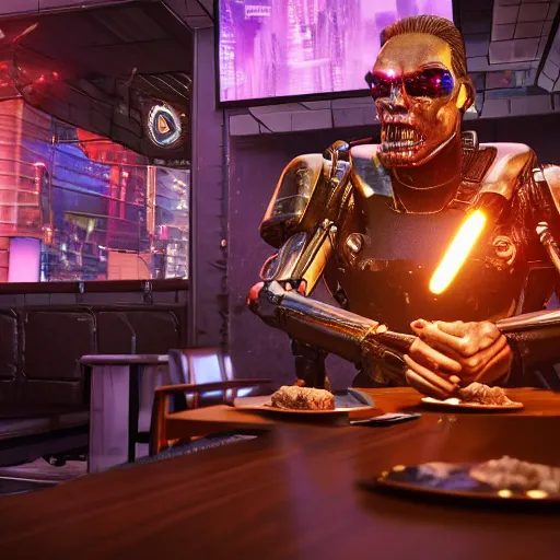 Image similar to A terminator with borg implants sitting in a cyberpunk cafe and eating skewer kebabs made of electronic components. Unreal 5 nanite, path tracing render, global illumination. Highly detailed 8k. Bloom, cinematic post-processing