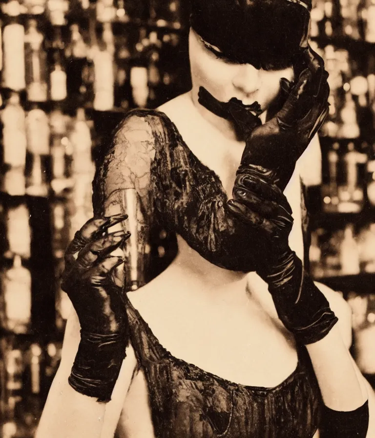 Prompt: close - up antique grainy colored photo of a 1 9 2 0 s short - haired flapper woman in black satin gloves looking and smirking seductively at the camera, in a crowded dimly lit speakeasy bar, jazz age, cohesive, 5 0 mm photography, precise, cinematic, low - lighting, photography