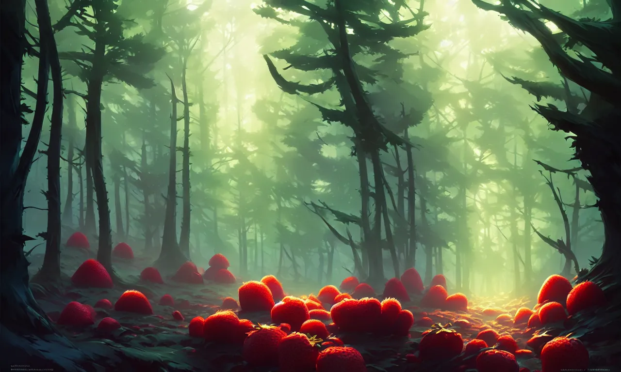 Image similar to Dark forest large strawberries, behance hd by Jesper Ejsing, by RHADS, Makoto Shinkai and Lois van baarle, ilya kuvshinov, rossdraws global illumination